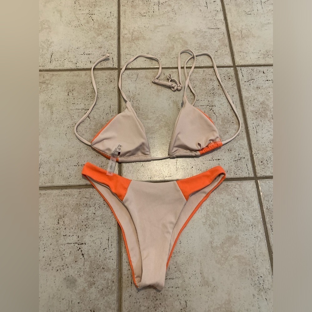 💜 Zaful Ribbed Orange and Tan Color-Block Bikini Set - Size Small - Picture 4 of 8